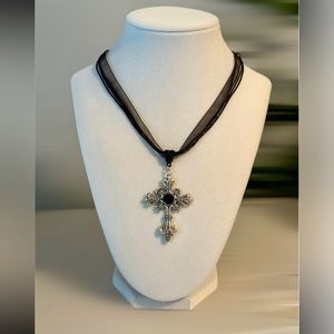 Gothic Dark Silver Cross Vampire Ribbon Necklace 
Jewelry Halloween